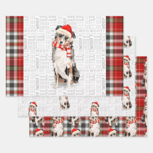 Australian Shepherd Christmas Dog and Plaid Wrapping Paper Sheet