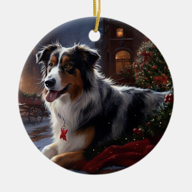 Australian Shepherd Christmas Festive Season  Ceramic Ornament (Front)