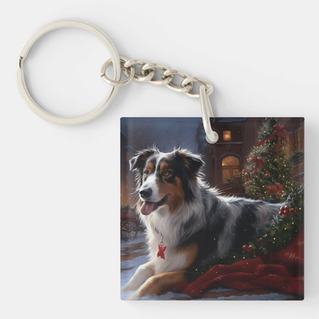 Australian Shepherd Christmas Festive Season  Key Ring (Front)
