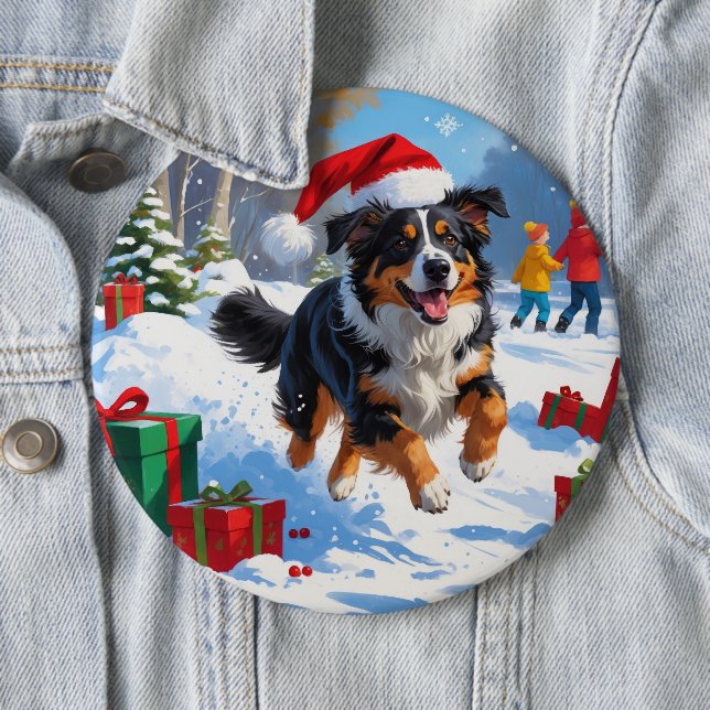 Australian Shepherd Christmas Festive Snow Scene 6 Cm Round Badge (In Situ)