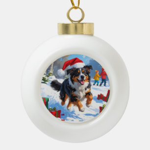Australian Shepherd Christmas Festive Snow Scene Ceramic Ball Christmas Ornament