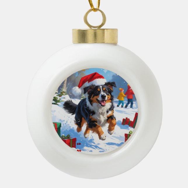 Australian Shepherd Christmas Festive Snow Scene Ceramic Ball Christmas Ornament (Front)