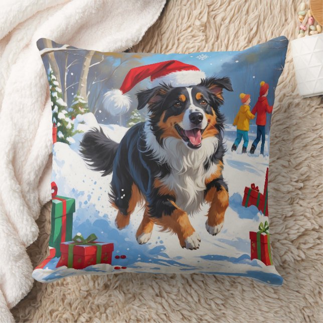 Australian Shepherd Christmas Festive Snow Scene Cushion (Blanket)