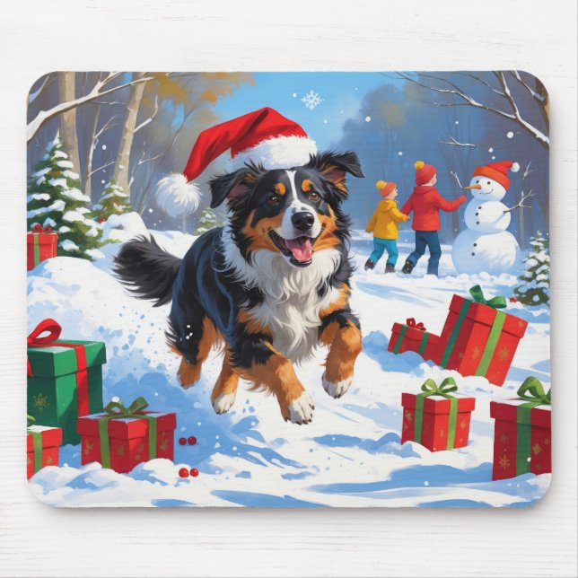 Australian Shepherd Christmas Festive Snow Scene Mouse Pad (Front)