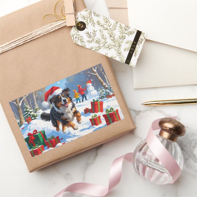Australian Shepherd Christmas Festive Snow Scene Rectangular Sticker (Gifting)