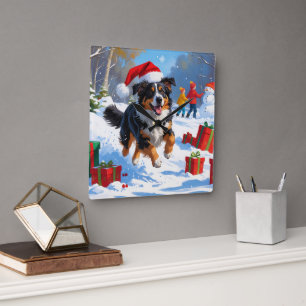Australian Shepherd Christmas Festive Snow Scene Square Wall Clock
