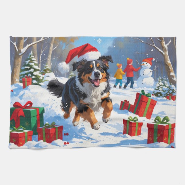 Australian Shepherd Christmas Festive Snow Scene Tea Towel (Horizontal)
