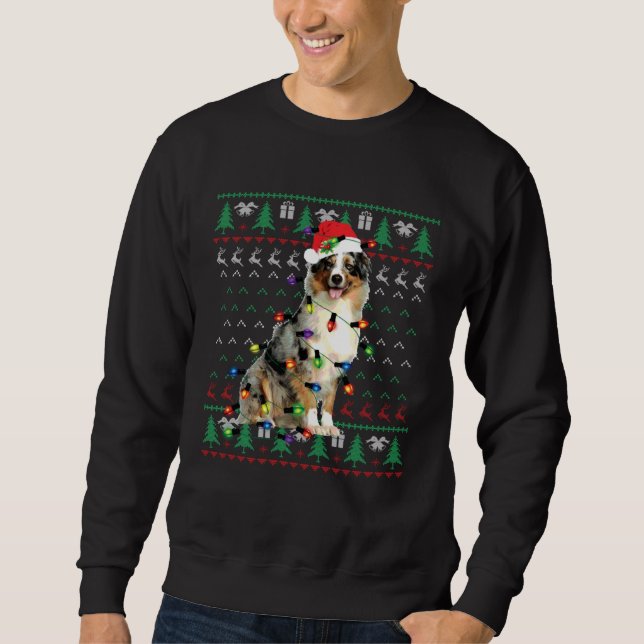 Australian Shepherd Christmas Lights Ugly Sweater  (Front)