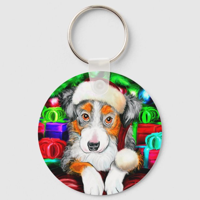 Australian Shepherd Christmas Open Gifts Key Ring (Front)