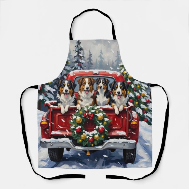 Australian Shepherd Christmas Red Truck Holiday Apron (Front)