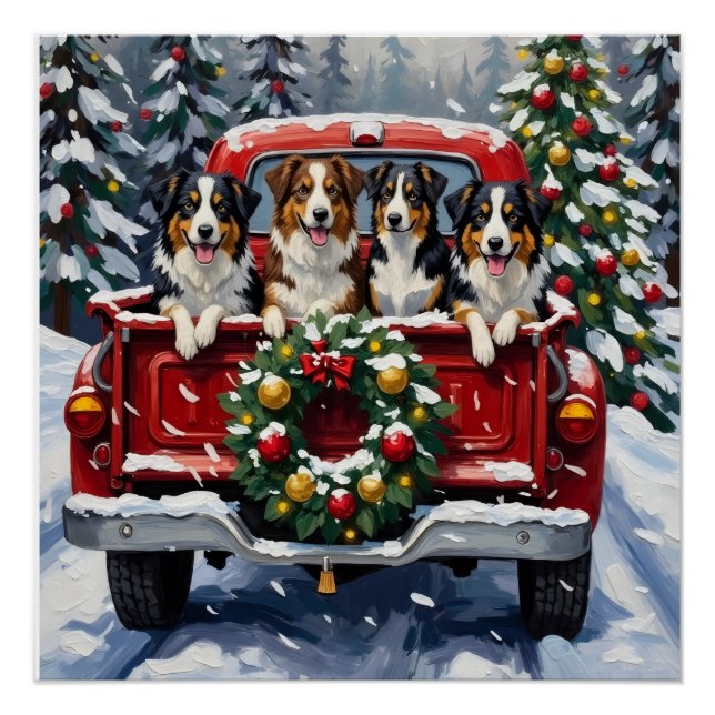 Australian Shepherd Christmas Red Truck Holiday Poster (Front)