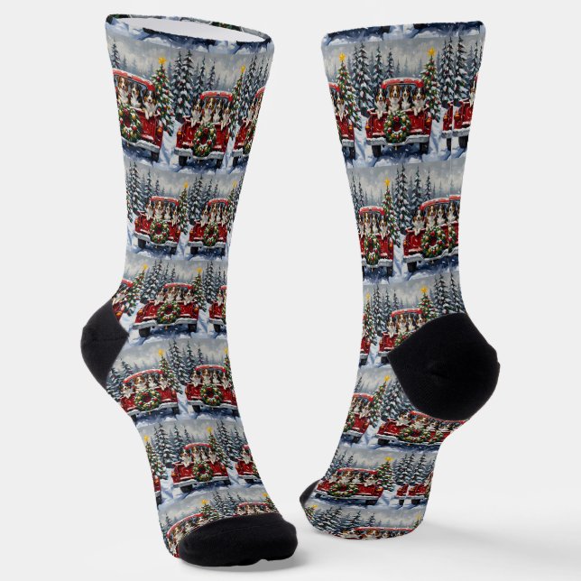 Australian Shepherd Christmas Red Truck Holiday Socks (Angled)