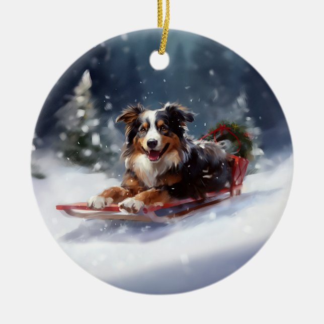 Australian Shepherd Christmas snow winter Ceramic Ornament (Front)