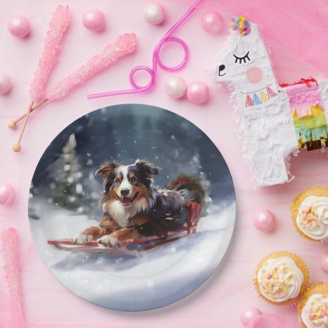 Australian Shepherd Christmas snow winter Paper Plate (Party)