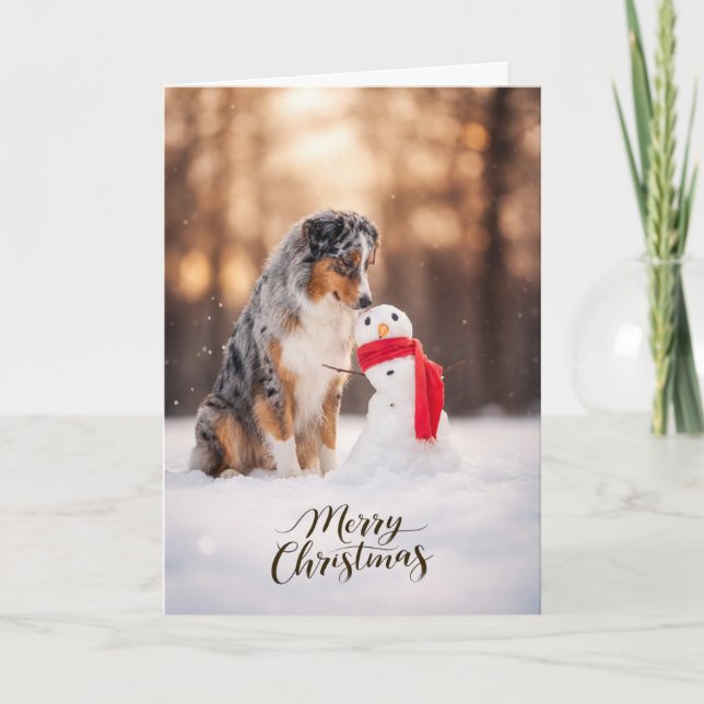 Australian Shepherd Christmas Snowman Holiday Card (Front)
