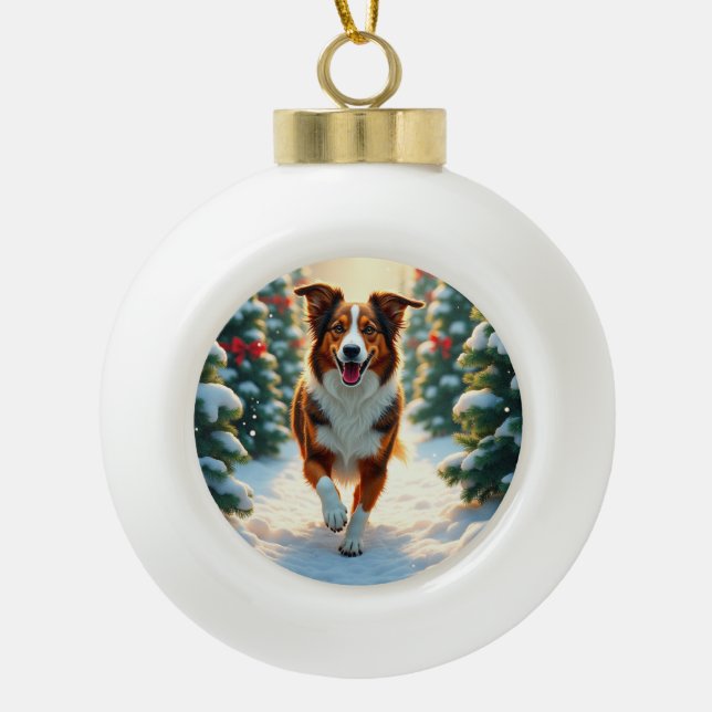 Australian Shepherd Christmas Tree Farm Painting Ceramic Ball Christmas Ornament (Front)