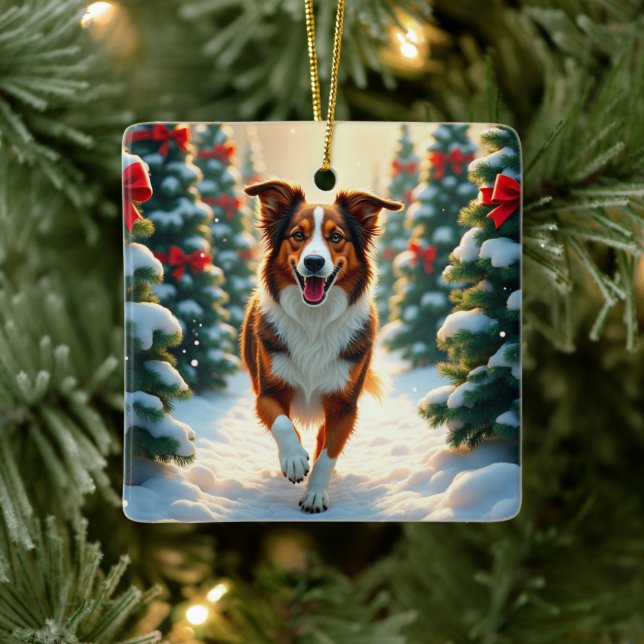 Australian Shepherd Christmas Tree Farm Painting Ceramic Ornament (Tree)