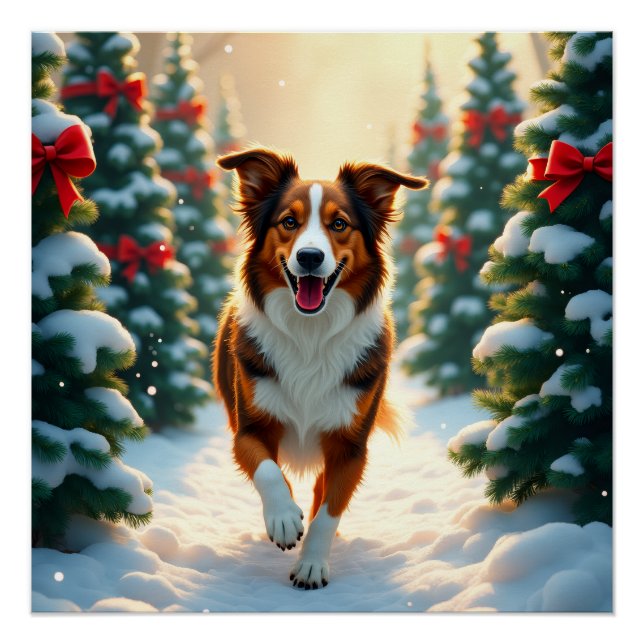 Australian Shepherd Christmas Tree Farm Painting Poster (Front)