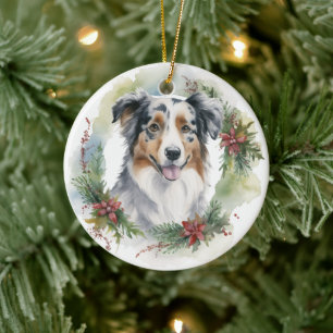 Australian Shepherd Christmas Wreath Festive Pup  Ceramic Ornament