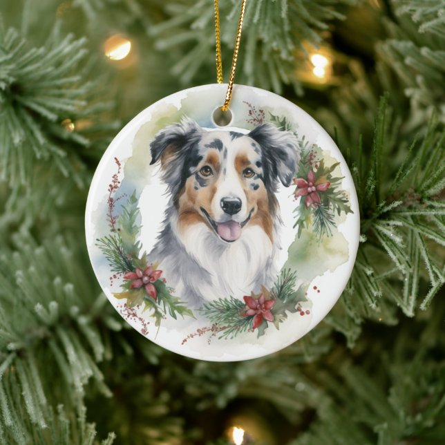 Australian Shepherd Christmas Wreath Festive Pup  Ceramic Ornament (Tree)