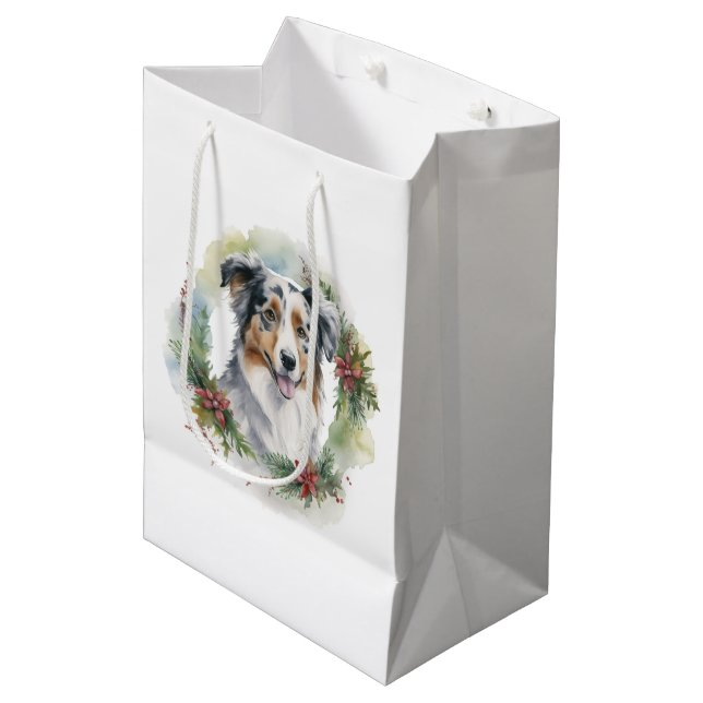 Australian Shepherd Christmas Wreath Festive Pup  Medium Gift Bag (Front Angled)
