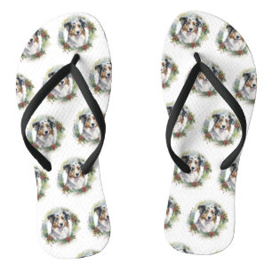 Australian Shepherd Christmas Wreath Festive Pup Thongs
