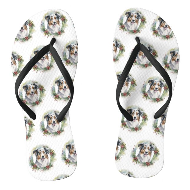 Australian Shepherd Christmas Wreath Festive Pup  Thongs (Footbed)