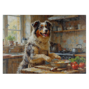 Australian Shepherd Cooking in Kitchen Cutting Board