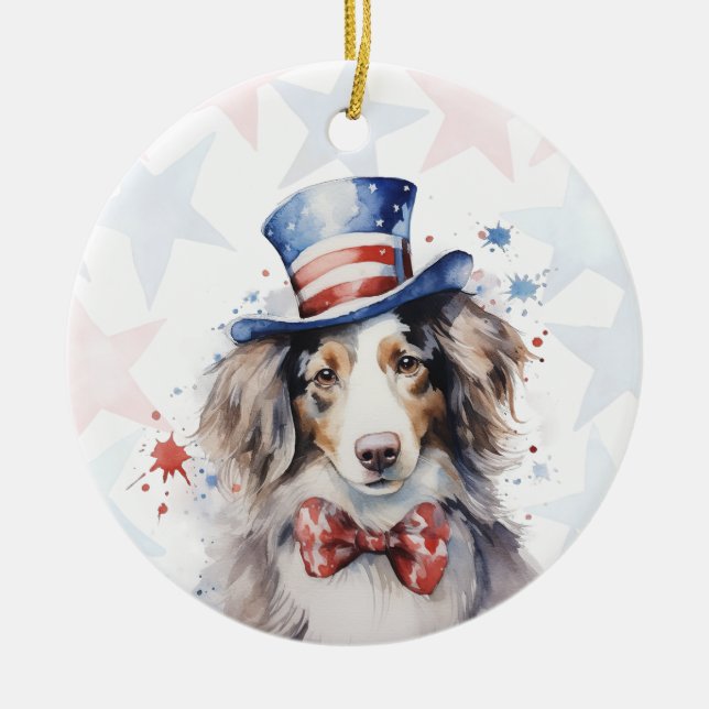 Australian shepherd Dog, 4th of july Personalised Ceramic Ornament (Front)