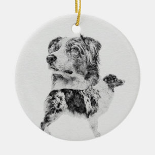 Australian Shepherd dog - Aussie pencil sketch Ceramic Ornament