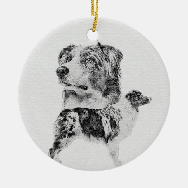 Australian Shepherd dog - Aussie pencil sketch Ceramic Ornament (Front)