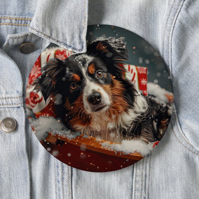 Australian Shepherd Dog Christmas Festive 6 Cm Round Badge (In Situ)