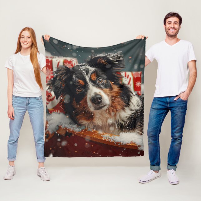 Australian Shepherd Dog Christmas Festive Fleece Blanket (In Situ)