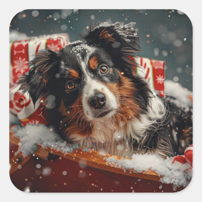 Australian Shepherd Dog Christmas Festive Square Sticker (Front)