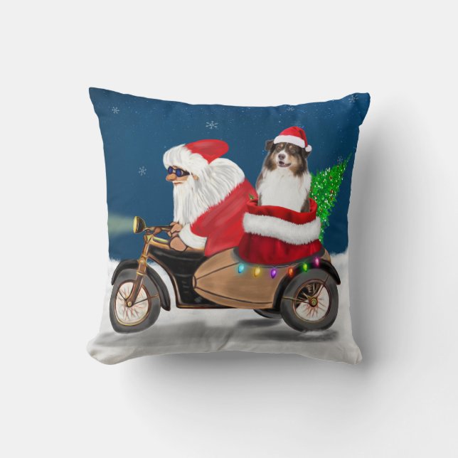 Australian Shepherd Dog Christmas Santa Claus Cushion (Front)