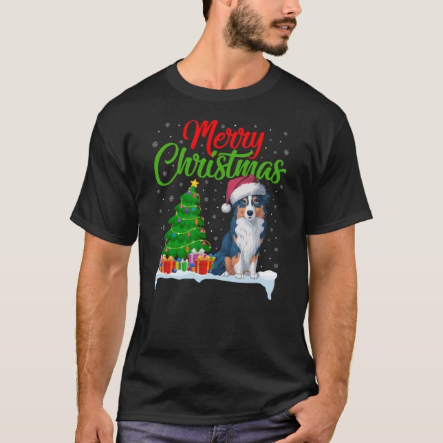 Australian Shepherd Dog Christmas Tree Lights Xmas T-Shirt (Front)