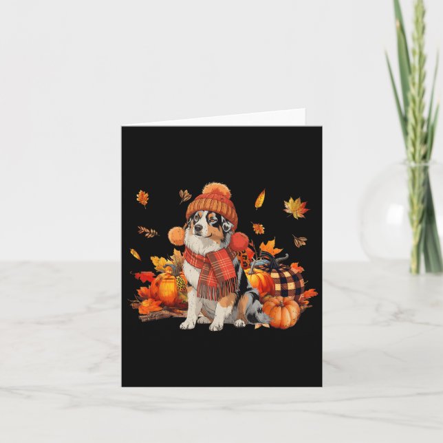 Australian Shepherd Dog Fall Scarf Leopard Pumpkin Card (Front)