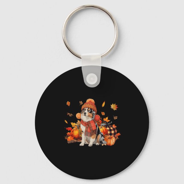 Australian Shepherd Dog Fall Scarf Leopard Pumpkin Key Ring (Front)