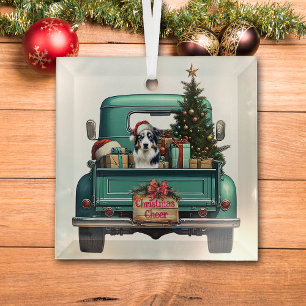 Australian Shepherd Dog Farm Truck Christmas Glass Tree Decoration