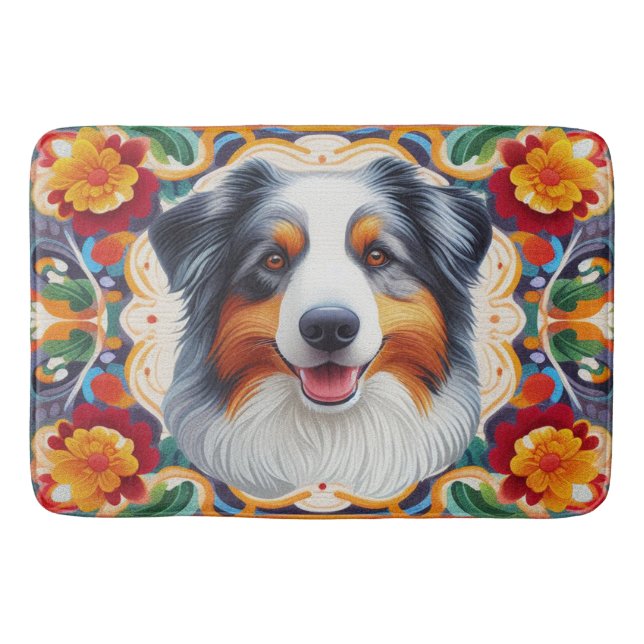 Australian Shepherd Dog Floral Colourful Border  Bath Mat (Front)