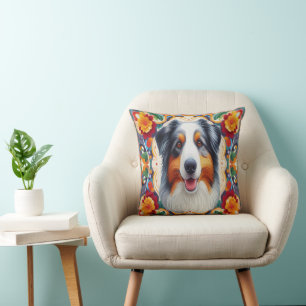 Australian Shepherd Dog Floral Colourful Border Cushion