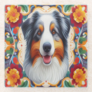 Australian Shepherd Dog Floral Colourful Border Glass Coaster