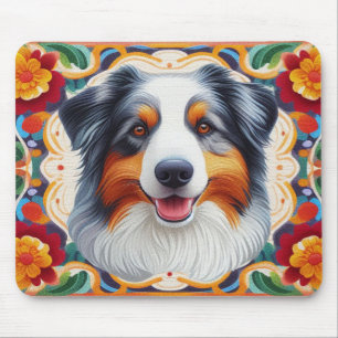 Australian Shepherd Dog Floral Colourful Border Mouse Pad