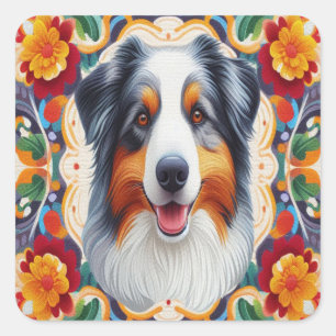 Australian Shepherd Dog Floral Colourful Border Square Sticker