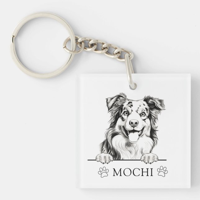 Australian Shepherd Dog Hand Drawing Personalised Key Ring (Front)