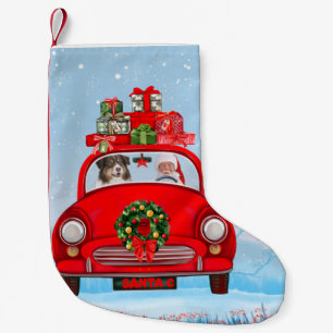 Australian Shepherd Dog In Car With Santa Claus  Small Christmas Stocking