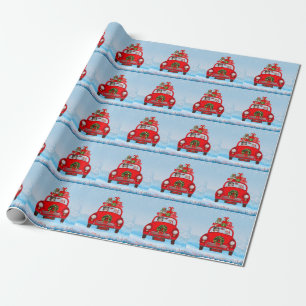 Australian Shepherd Dog In Car With Santa Claus Wrapping Paper