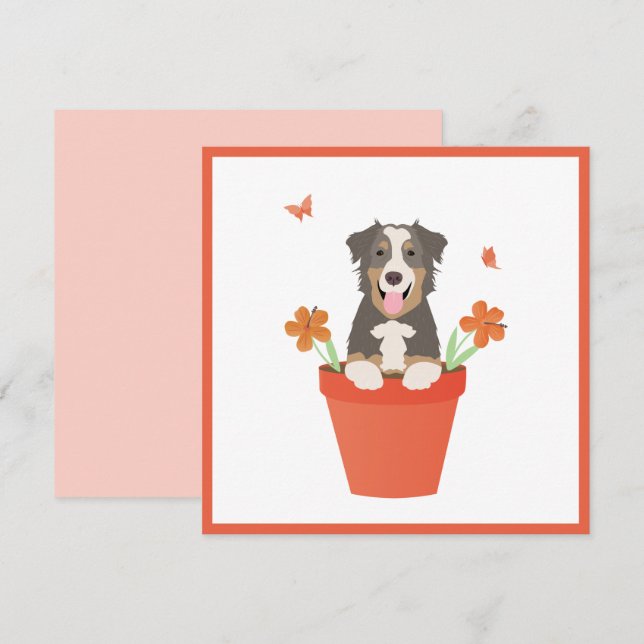 Australian Shepherd Dog In Flower Pot Card (Front/Back)