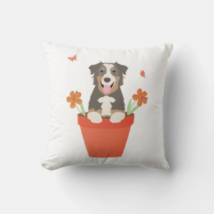 Australian Shepherd Dog In Flower Pot Cushion