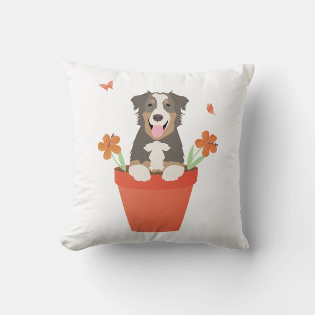 Australian Shepherd Dog In Flower Pot Cushion (Front)